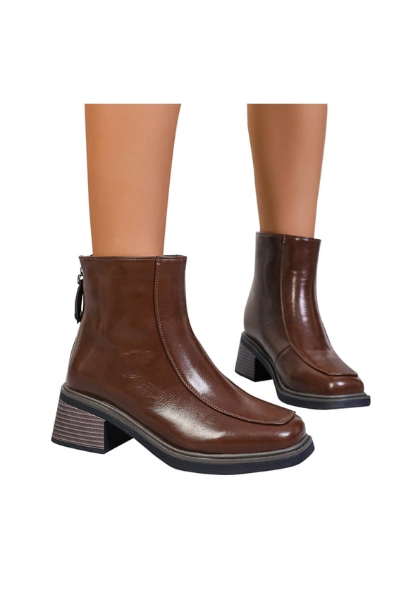 Women's Fashion Casual Winter Ankle Boots - Vintage Solid Color Chunky Mid Heel Thick Sole Comfortable Versatile Slip on Boots for Daily Wear