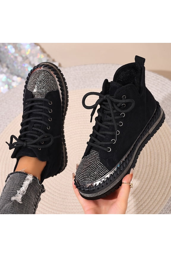 Women's Fashion Casual Winter Fleece-Lined Cotton Shoes - Round Toe Lace-Up High-Top Platform Flats with Rhinestone Decorations, Warm Slip-Resistant Sole