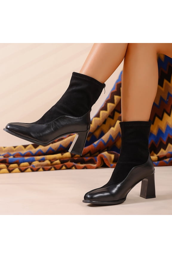 Women's Fashion Casual Winter Mid-Calf Boots - Stylish Square Toe Solid Color Blocking with Chunky Low Heel Ankle Boots