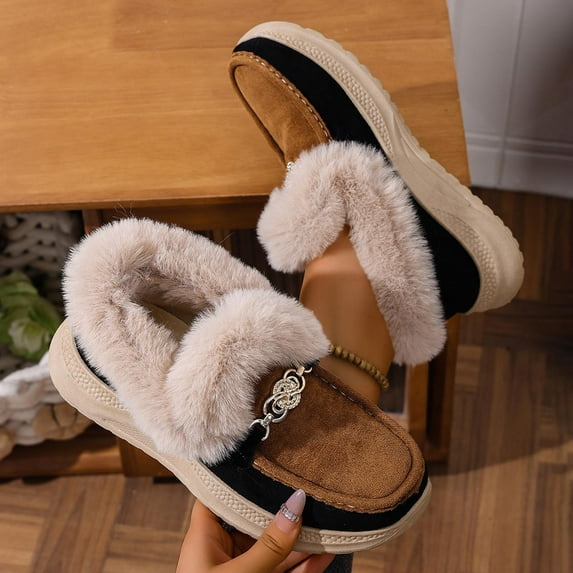 Roncen Women's Fashion Casual Winter Snow Boots - Plush Lined Warm Cotton Shoes with Thick Platform, Metal Buckle Accents & Faux Fur Collar, Comfortable Wedge Heel for All-Day Wear