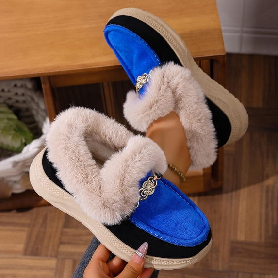 Roncen Women's Fashion Casual Winter Snow Boots - Plush Lined Warm Cotton Shoes with Thick Platform, Metal Buckle Accents & Faux Fur Collar, Comfortable Wedge Heel for All-Day Wear