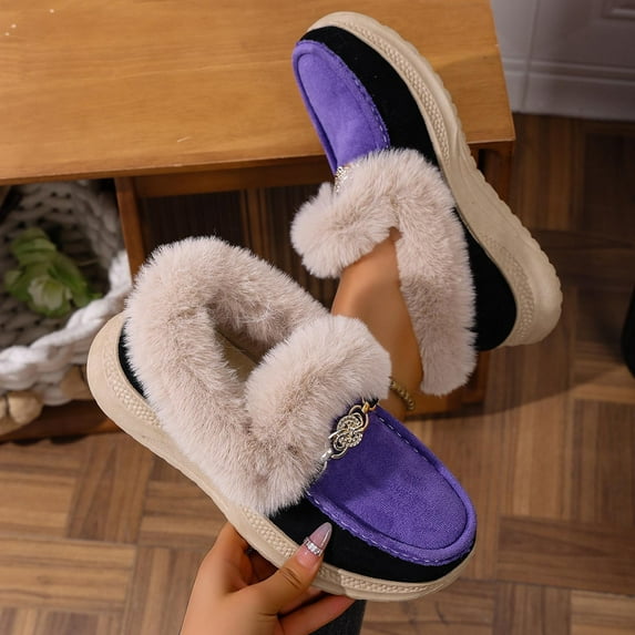 Roncen Women's Fashion Casual Winter Snow Boots - Plush Lined Warm Cotton Shoes with Thick Platform, Metal Buckle Accents & Faux Fur Collar, Comfortable Wedge Heel for All-Day Wear