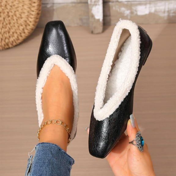 Roncen Women's Fashion Casual Winter Square Toe Slip-On Flats - Fleece-Lined Thickened Warm Low Cut Shoes with Faux Fur Trim, Cozy and Stylish for Cold Weather