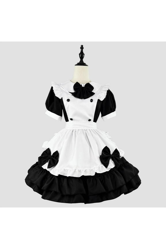 Women's Fashion Pure Color Lovely Japanese Maid Cosplay Dress - Maid Uniform Dress for Women, Short Sleeve Square Neck Knee-Length Dress