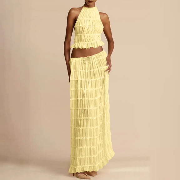 Roncen Women's Fashion Sexy Backless Halter Neck Tie Closure Lace Trim Dress Set - Summer Two-Piece Outfit with Adjustable Straps, Elegant Sleeveless Long Dress for Evening Party Wear