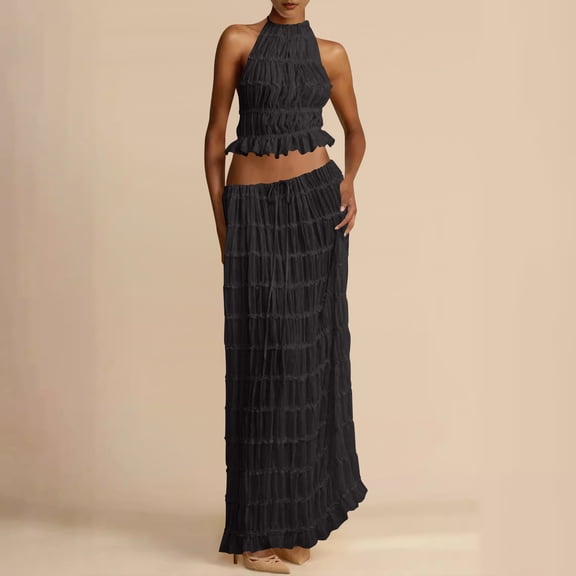 Roncen Women's Fashion Sexy Backless Halter Neck Tie Closure Lace Trim Dress Set - Summer Two-Piece Outfit with Adjustable Straps, Elegant Sleeveless Long Dress for Evening Party Wear