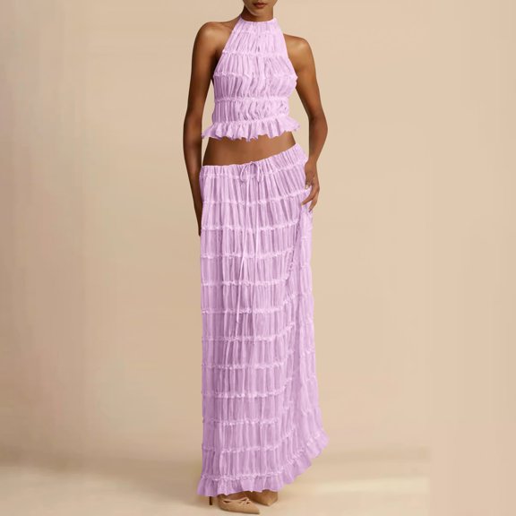 Roncen Women's Fashion Sexy Backless Halter Neck Tie Closure Lace Trim Dress Set - Summer Two-Piece Outfit with Adjustable Straps, Elegant Sleeveless Long Dress for Evening Party Wear