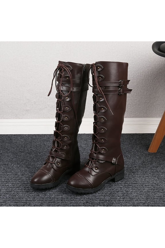 Women's Fashion Winter Casual Boots - Retro Solid Color Round Toe Mid-Calf Boots with Buckle Closure and Cross Lace-Up Design - Low Heel Comfortable Boots for Stylish Outfits