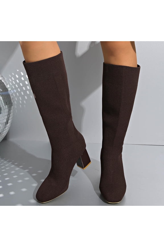 Women's Fashion Winter Casual Boots - Solid Color Round Toe Chunky Heel Mid-Calf Boots with Stretchy Breathable Design for Slimming Comfort