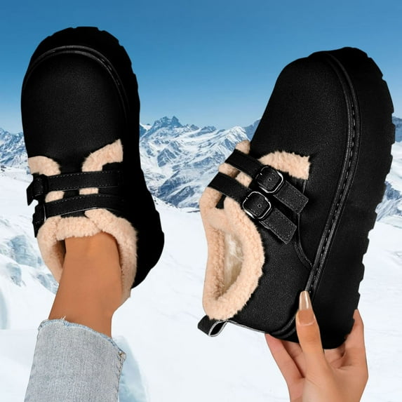 Roncen Women's Fashion Winter Snow Boots - Classic Casual Style Chunky Platform Sole Double Buckle Strap Plush Lined & Extra Warmth Solid Color Thermal Fleece Lined Boots for Cold Weather