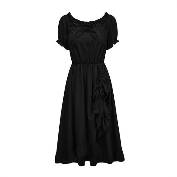 Roncen Women's Fashionable Pure Color Irregular Drawstring Maxi Dress - Short Sleeve V-Neck Design