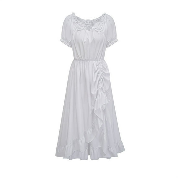 Roncen Women's Fashionable Pure Color Irregular Drawstring Maxi Dress - Short Sleeve V-Neck Design