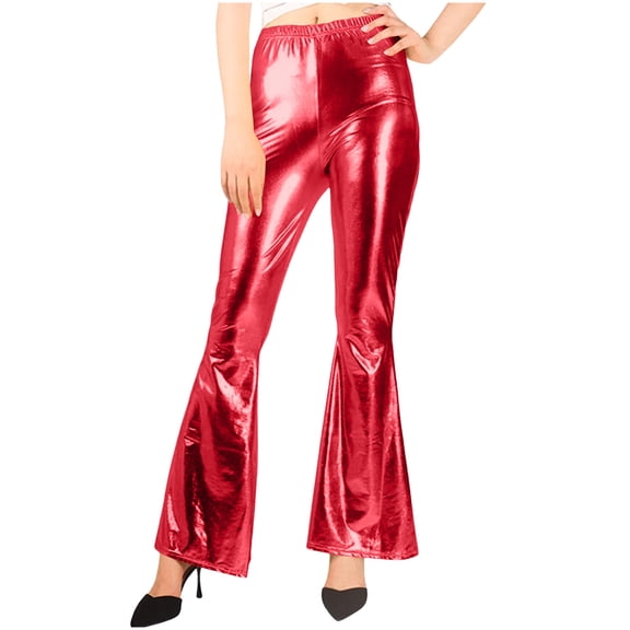 Roncen Women's Faux Leather Bell Botom Flare Pants Shinny Metallic Sequins High Waist Stretchy Bell Bottom Flared Pants