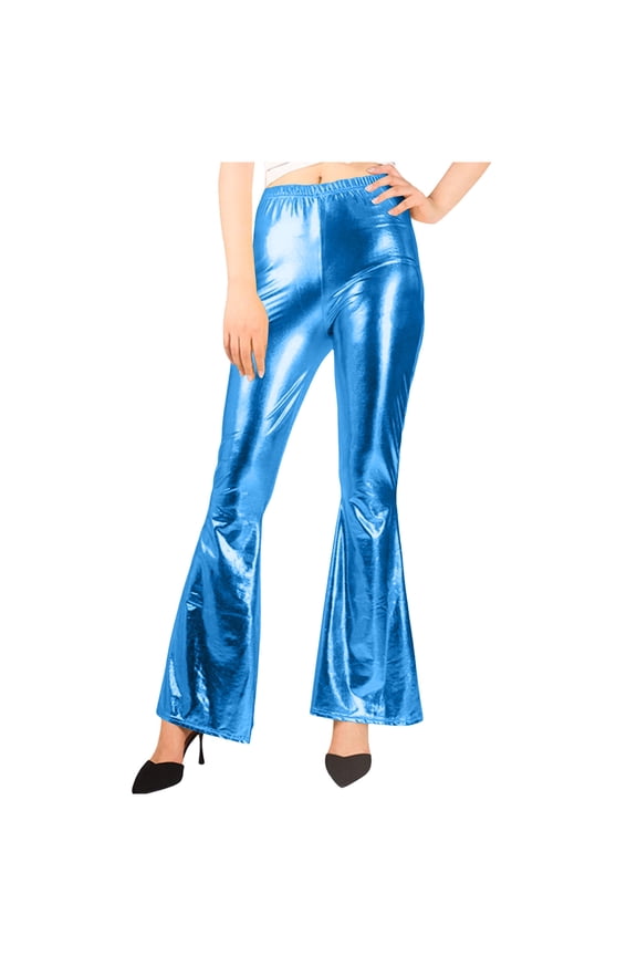 Women's Faux Leather Bell Botom Flare Pants Shinny Metallic Sequins High Waist Stretchy Bell Bottom Flared Pants
