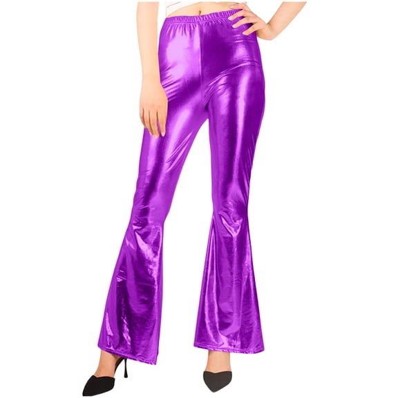 Roncen Women's Faux Leather Bell Botom Flare Pants Shinny Metallic Sequins High Waist Stretchy Bell Bottom Flared Pants