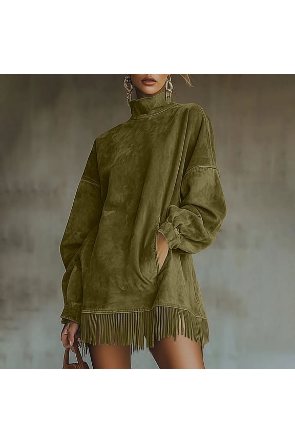 Women's Faux Suede Turtleneck Dress with Fringe Hem Pockets, Vintage Elegant Long Sleeve Loose Comfortable Casual Mini Dress