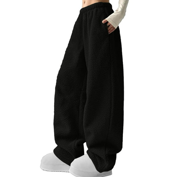Roncen Women's Fleece-Lined Straight Leg Pants - Loose Fit Elastic Waist Trousers with Drawstring for Warmth & Comfort