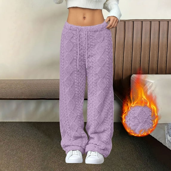 Roncen Women's Fleece-Lined Straight Leg Pants - Loose Fit Elastic Waist Trousers with Drawstring for Warmth & Comfort