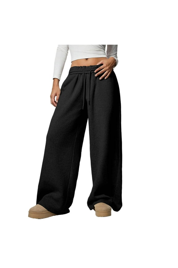 Women's Fleece-Lined Wide Leg Pants - Sporty Casual Loose Fit Trousers with Elastic Waistband & Warm Flannel Lining