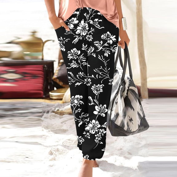 Roncen Women's Floral Jogger Pants - Elastic Waist Casual Comfort Trousers with Elastic Cuff & Pockets