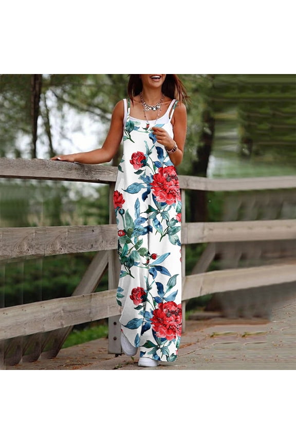 Women's Floral Jumpsuit - Sleeveless Strappy High Waist Wide Leg Romper with Pockets & Belt Loops