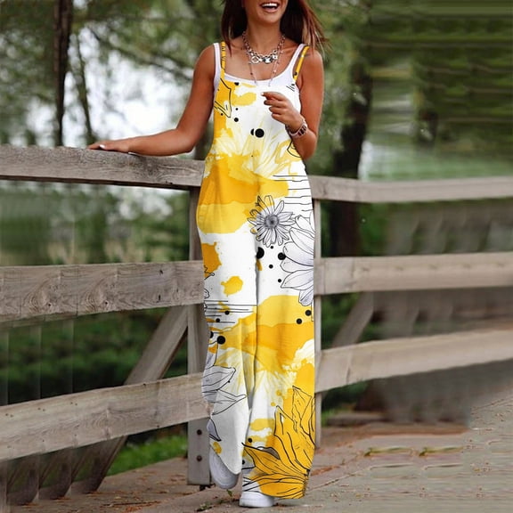 Roncen Women's Floral Jumpsuit - Sleeveless Straps High Waist Wide Leg Romper with Pockets