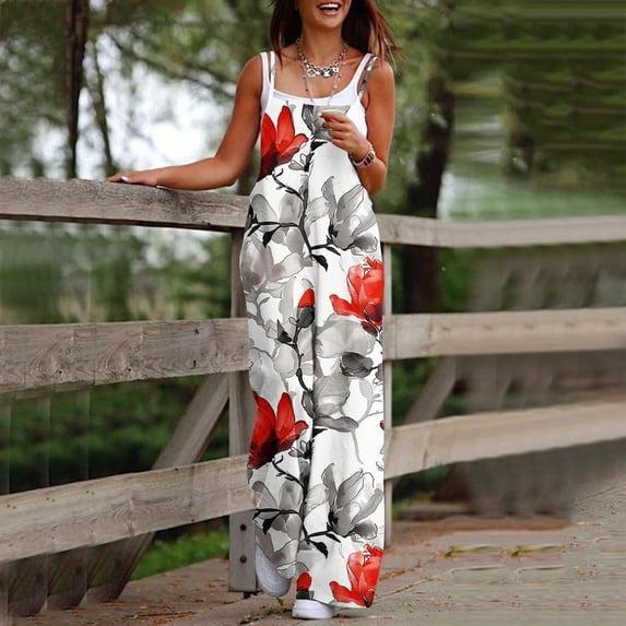 Roncen Women's Floral Print Jumpsuit - Sleeveless Straps High Waist Wide Leg Romper with Pockets & Casual Comfort