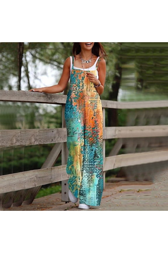 Women's Floral Print Jumpsuit - Sleeveless Wide-Leg Romper with Adjustable Straps, High-Waisted Design & Side Pockets for Stylish Comfort