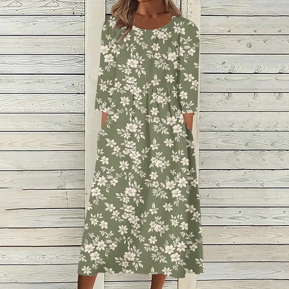 Roncen Women's Floral Print Summer Dress - Casual Three-Quarter Sleeve Round Neck Knee-Length, Comfortable Relaxed Fit for Daily Casual Outfits and Beach Vacations