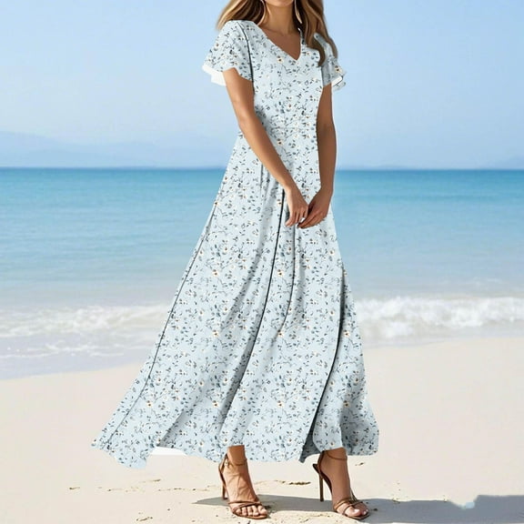 Roncen Women's Floral Print Summer Dress - Stylish V-Neck with Flared Hem and Ruffle Trim, Tie Waist Casual Beachwear for Daily Outfit & Vacation Essentials