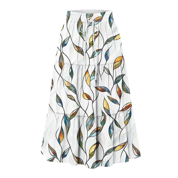 Roncen Women's Floral Print Summer Skirt - Casual Pleated Elastic Waist with Drawstring and Side Pockets, Comfortable Flowy Skirt for Everyday Casual Wear