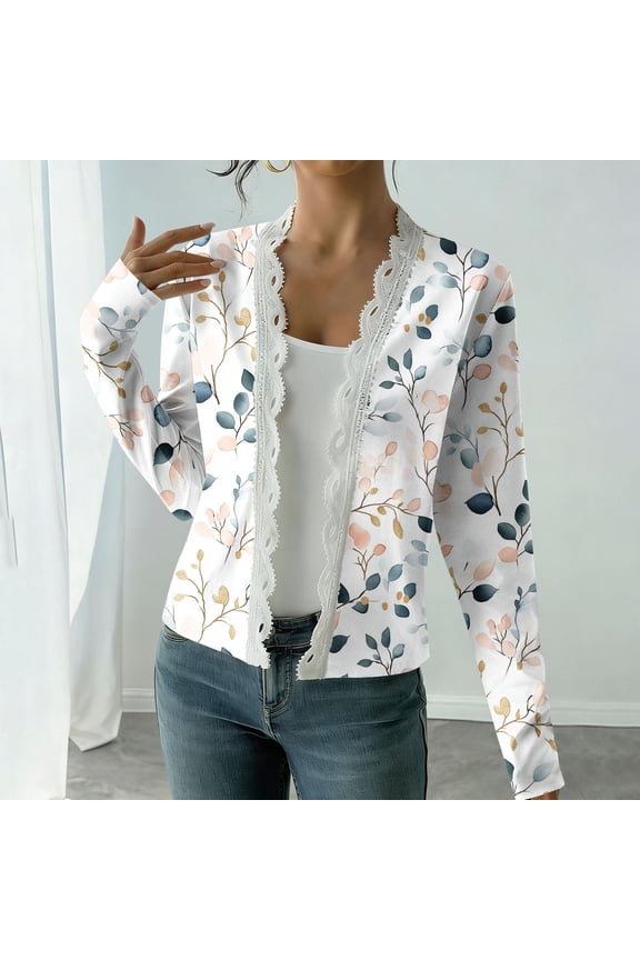 Women's Floral Printed Cardigan, White Open Front Knit Sweater with All-Over Blue & Yellow Flowers and Lace Trim, Feminine Spring Cover-Up
