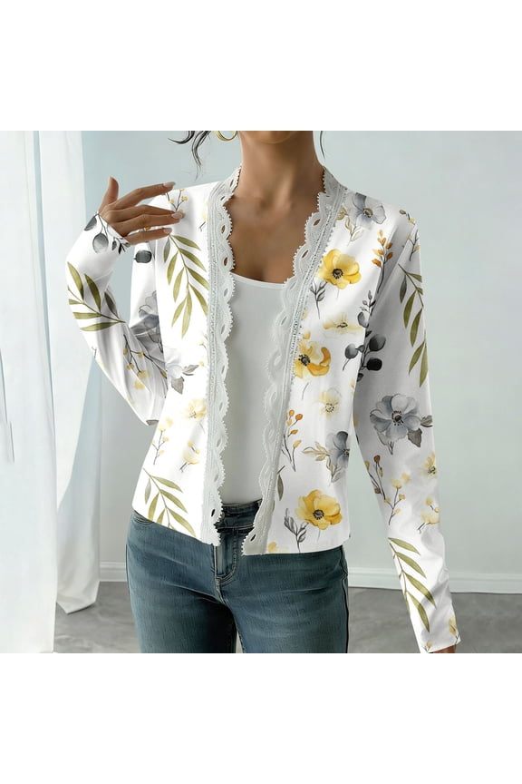 Women's Floral Printed Cardigan, White Open Front Knit Sweater with All-Over Blue & Yellow Flowers and Lace Trim, Feminine Spring Cover-Up