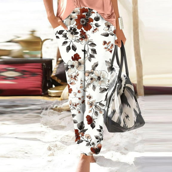 Roncen Women's Floral Printed Jogger Pants - Elastic Waist Casual Trousers with Cuffed Hem & Functional Side Pockets | Comfortable Lounge Wear