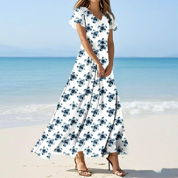 Roncen Women's Floral Summer Dress - Ruffled V-Neck Short Sleeve with Waist-Cinching Design, Stylish Flowy A-Line Beachwear for Casual Outings and Daily Wear