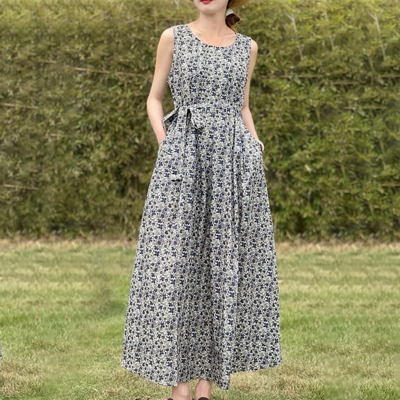 Roncen Women's Floral Vintage Babydoll Dress - Round Neck Loose Fit with Drawstring Waist, Casual Bohemian Maxi Dress for Artistic Retro Style