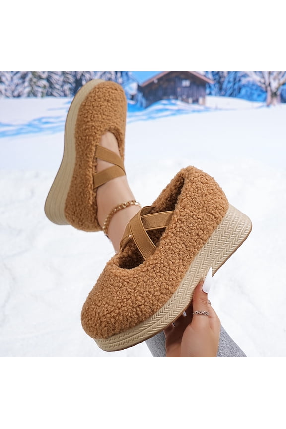 Women's Furry Wedge Shoes with Thick Platform - Cozy Winter Slip Resistant Fluffy Heels for Wide Width, Comfortable Elevated Design