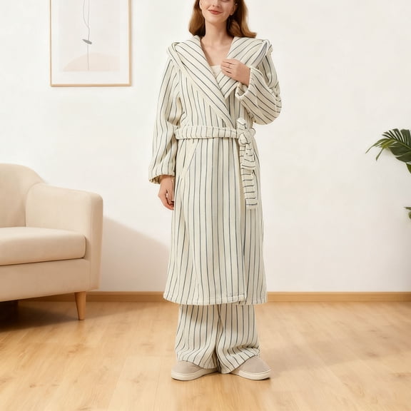 Roncen Women's Fuzzy Fleece Long Robe Striped Plush Kimono Warm Thick Fluffy Oversized V Neck Loungewear Maxi Bathrobe