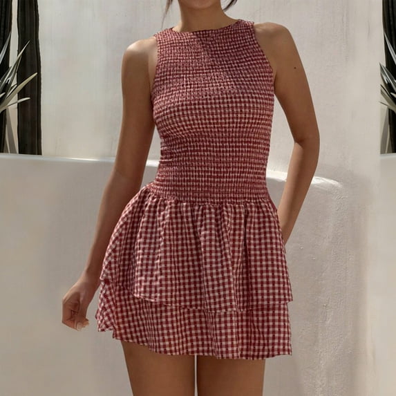 Roncen Women's Gingham Mini Dress Cute Tiered Ruffle Hem Smocked Plaid A Line Vacation Short Tank Dresses