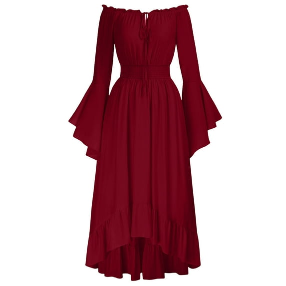 Roncen Women's Gothic Pure Color Off-Shoulder Long Bell Sleeve Dress - Dramatic and Enchanting Style