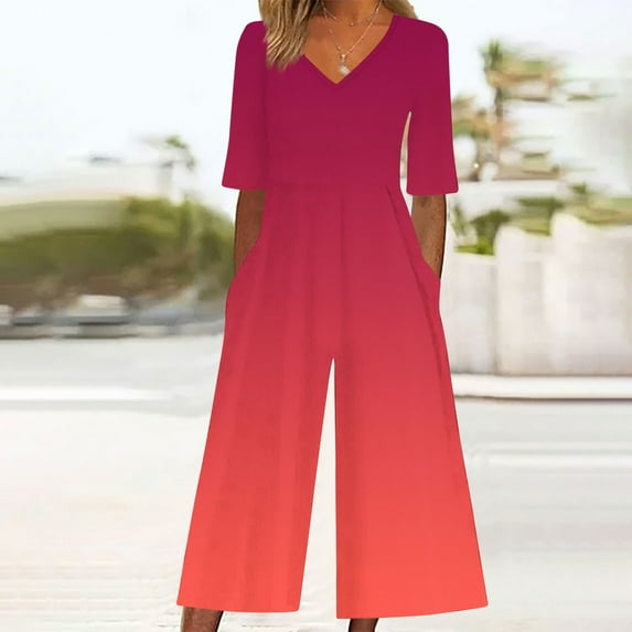Roncen Women's Gradient Print Jumpsuit - Summer Casual Short Sleeve V-Neck Back Zipper with Side Pockets