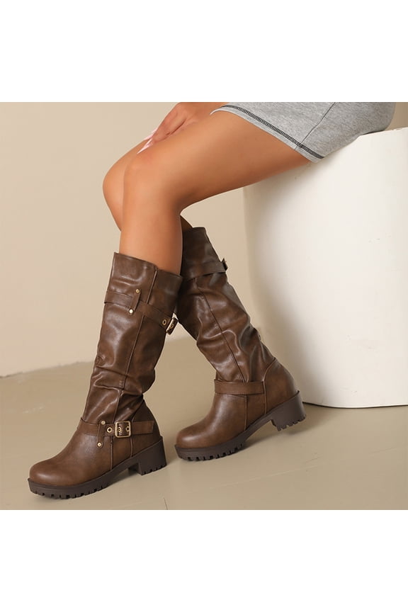 Women's High Shaft Tall Boots - Fashionable Casual Versatile Bold Buckle Design Eye-Catching Autumn Winter Style Comfortable Chunky Heel Boots