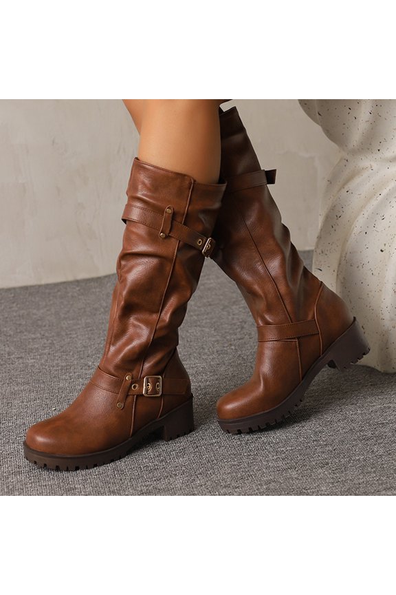 Women's High Shaft Tall Boots - Fashionable Casual Versatile Bold Buckle Design Eye-Catching Autumn Winter Style Comfortable Chunky Heel Boots