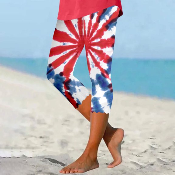 Roncen Women's High Waist Capri Pants - Slim Fit Summer Printed Leggings with Patriotic Design & Elastic Waistband