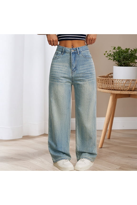 Women's High Waist Straight Leg Jeans - Casual Retro Denim Pants with Functional Pockets & Classic Design