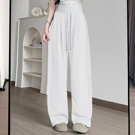 Roncen Women's High-Waisted Casual Pants - Summer Lightweight Straight-Leg Lounge Trousers with Loose Fit & Draped Fabric - Quick-Dry Athletic Design in Solid Color