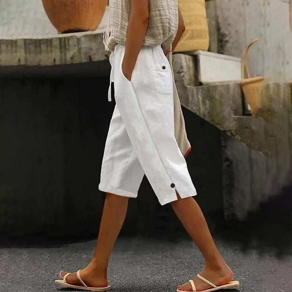 Roncen Women's High-Waisted Solid Capri Pants - Casual Cotton-Linen Blend with Elastic Drawstring Waist, Side Button Closure & Breathable Pocket Design