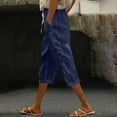 thumbnail image 1 of Roncen Women's High-Waisted Solid Cropped Pants - Casual Linen Blend Breathable Trousers with Drawstring Elastic Waist, Side Buttons & Pockets, 1 of 5