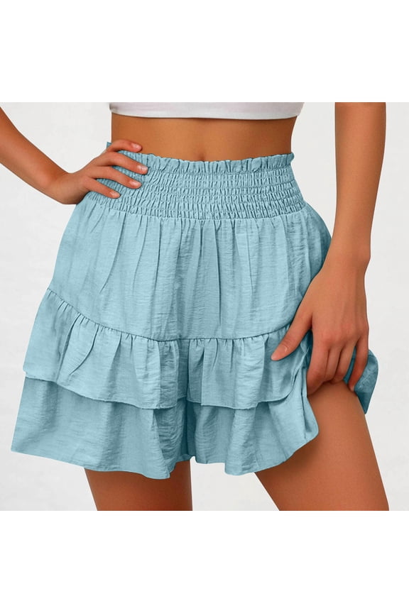 Women's High-Waisted Solid Shorts - Summer Casual Floral Ruffled Hem Relaxed Fit with Elastic Waist