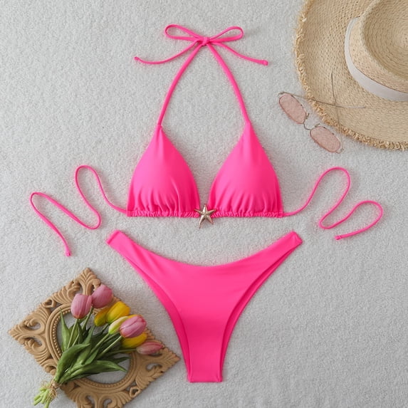 Roncen Women's High Waisted Thong Bikini Set Halter Triangle Tie Back Swimsuit Bathing Suit